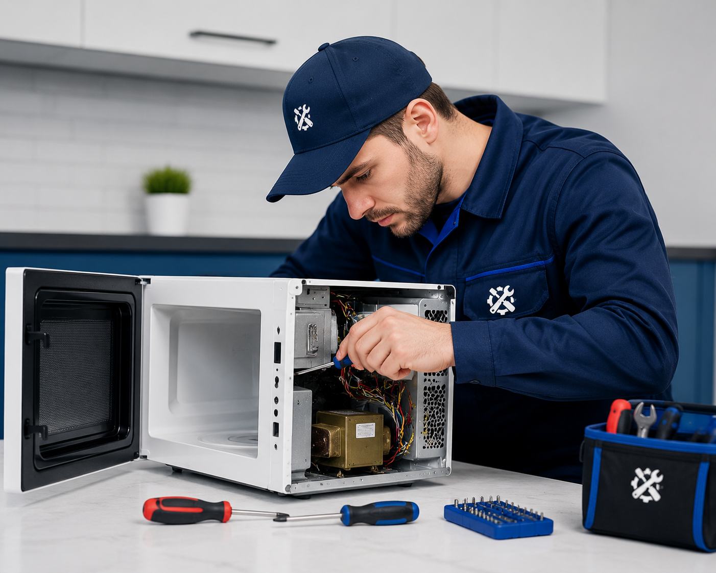 تکنسین در حال بررسی قطعات داخلی ماکروفر در آشپزخانه